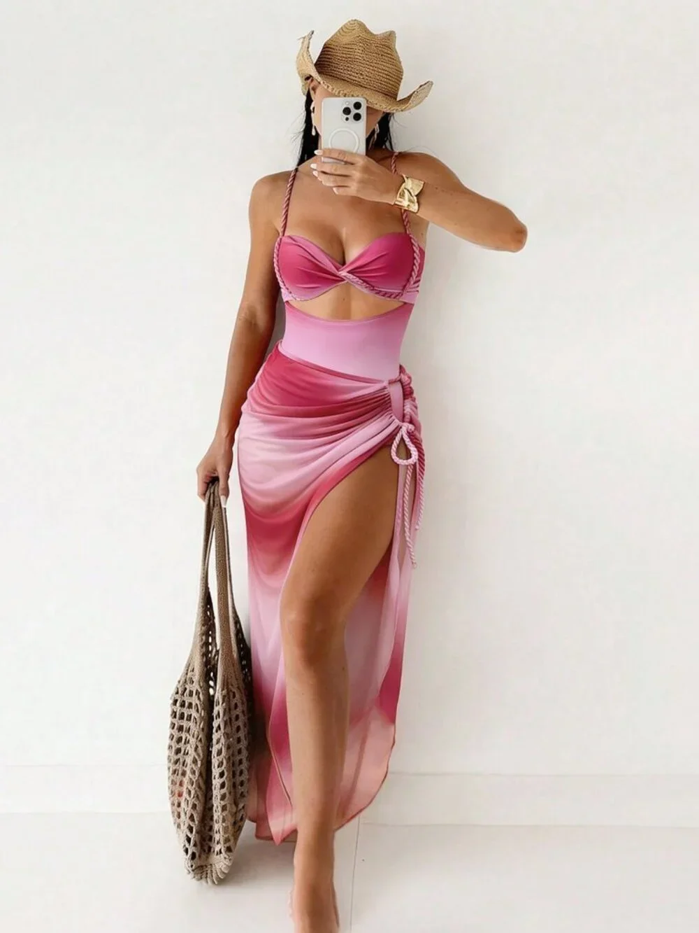 Hot Pink Sexy Women's Rope Strap one piece swimsuit with matching coverup